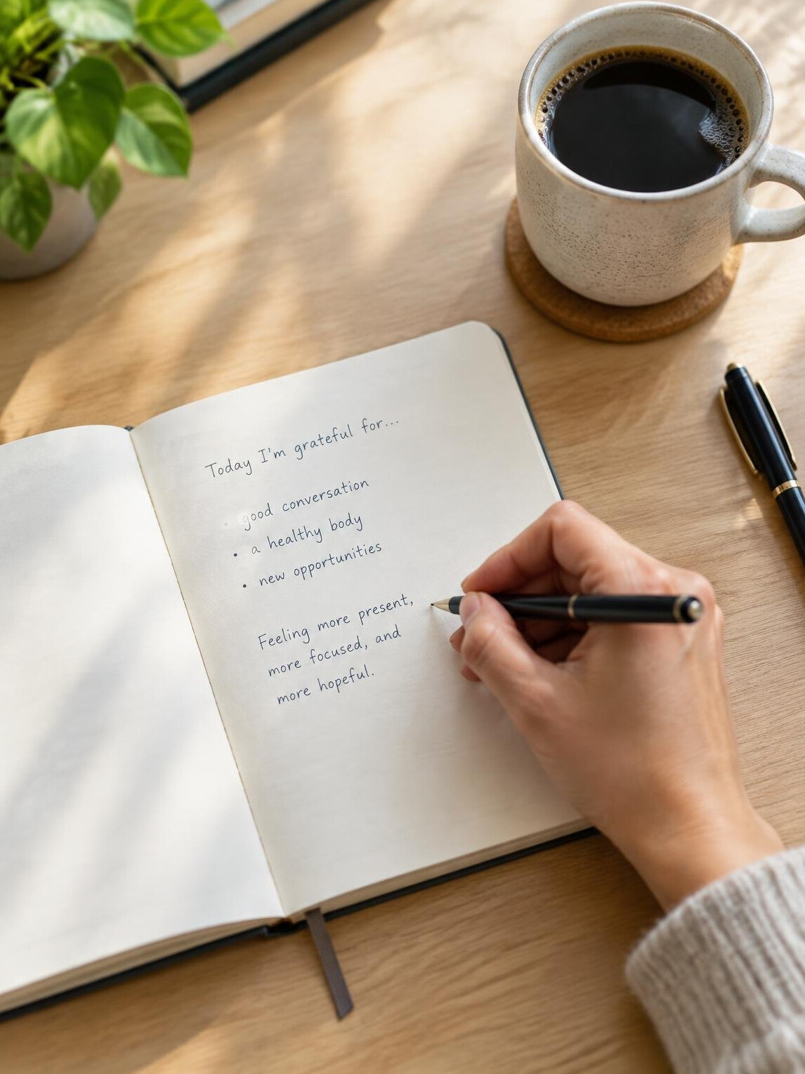 Hand writing in a notebook next to a cup of coffee