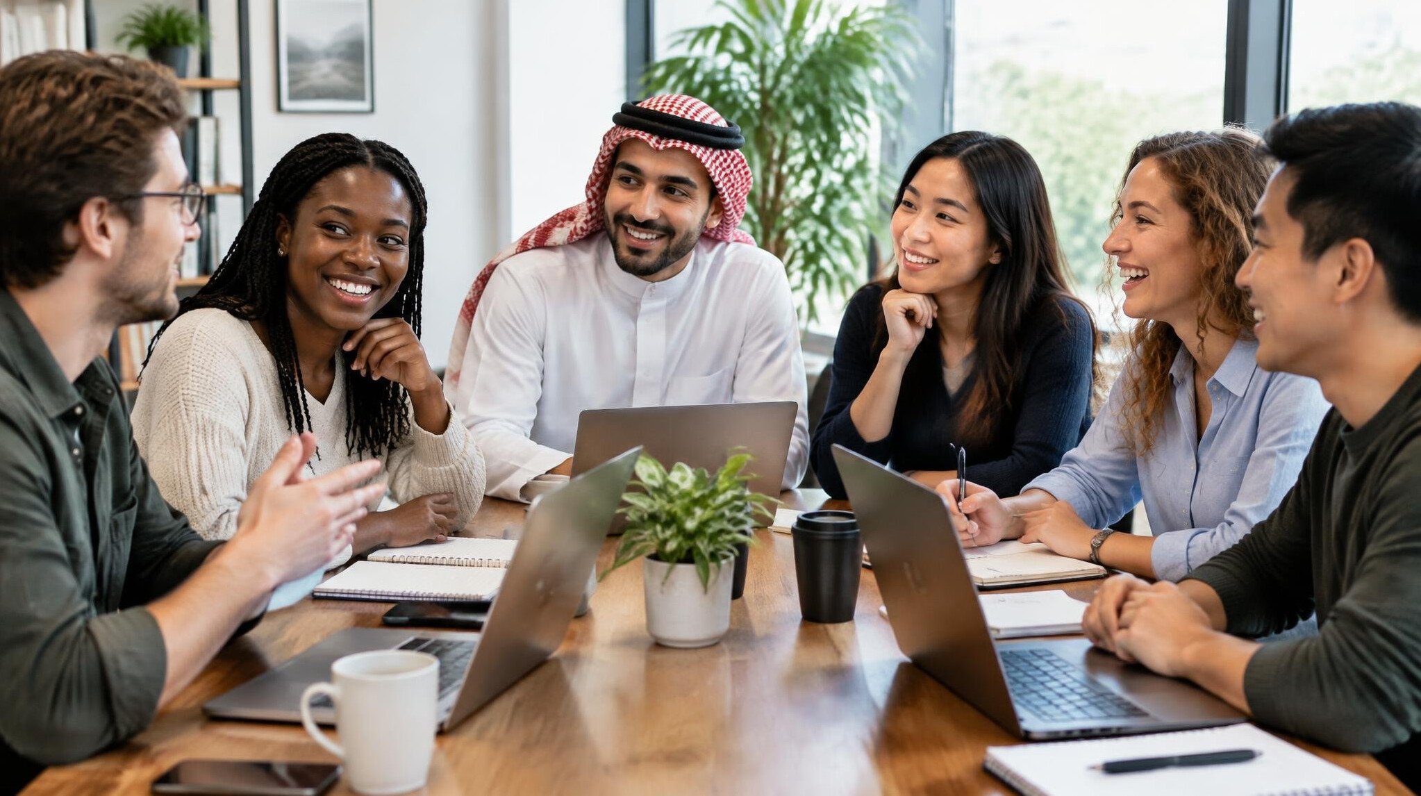 Group of people in a lively discussion at a shared table