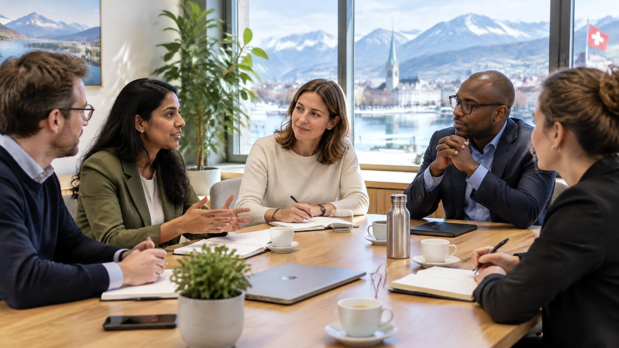 Group of professionals in a calm leadership conversation around a table